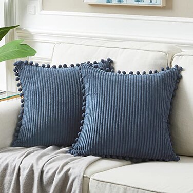 Fancy Homi Pack of 2 Dusty Blue Decorative Throw Pillow Covers 18x18 Inch with Pompoms for Living Room Couch Bedroom Soft Corduroy Solid Square Cushion Case 45x45 cm Rustic Farmhouse Home Decor