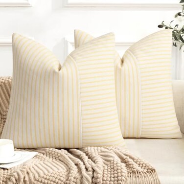 YCOLL Farmhouse Pillow Covers 18x18 Modern Accent Square Throw Pillow Covers Set of 2 Yellow and Beige Striped Patchwork Linen Decorative Pillows Cushion Covers for Couch Chair Bedroom Home Decor