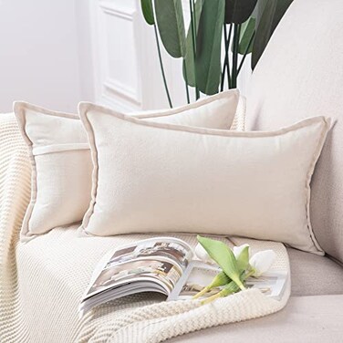 MADIZZ Set of 2 Rustic Farmhouse Chenille Throw Pillow Covers 12x20 Inch Ivory Soft Decorative Cushion Cover for Sofa Bedroom Neutral Couch Throw Pillows for Bed Pillowcases Home Decor