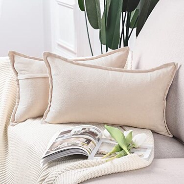 MADIZZ Set of 2 Rustic Farmhouse Chenille Throw Pillow Covers 12x20 Inch Beige Soft Decorative Cushion Cover for Sofa Bedroom Neutral Couch Throw Pillows for Bed Pillowcases Home Decor
