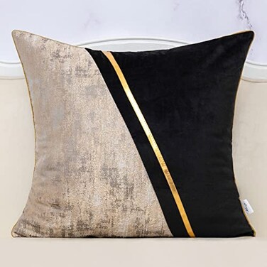 Alerfa 20 x 20 Inch Black Beige Gold Leather Patchwork Velvet Polyester Cushion Case Luxury Modern Square Throw Pillow Cover Decorative Pillow for Couch Sofa Living Room Bedroom Car 50 x 50cm