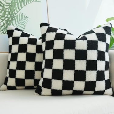 JOJUSIS Decorative Throw Pillow Covers Luxury Style Checkerboard Pattern Cushion Case Super Soft Faux Fur Wool Pillowcases for Couch Bedroom Pack of 2 Black 16 x 16Inch