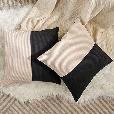 Avigers Pack of 2 Black Beige Pathwork Corduroy Cushion Cases Luxury Modern Square 18 x 18 Inch Throw Pillow Covers Decorative Pillow for Couch Living Room Bedroom Car 45 x 45cm