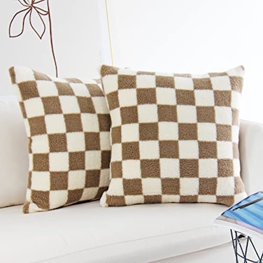 JOJUSIS Decorative Throw Pillow Covers Luxury Style Checkerboard Pattern Cushion Case Super Soft Faux Fur Wool Pillowcases for Couch Bedroom Pack of 2 Khaki 18 x 18Inch