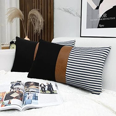 cygnus 12x20 Pillow Covers Set of 2 Farmhouse Decor Stripe Patchwork Linen Lumbar Pillow Covers Modern Faux Leather Covers for Couch SofaNavy Blue