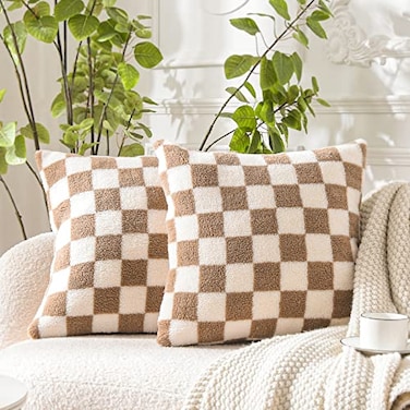 WACOMECO Decorative Throw Pillow Covers Soft Sherpa Checkerboard Cushion Covers Faux Fur Pillow Cases for Sofa Bedroom Livingroom Car 16 x 16 in Khaki and Off White