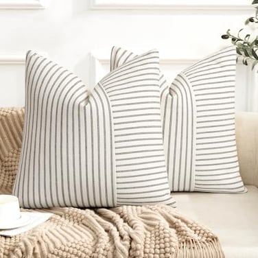 YCOLL Farmhouse Pillow Covers 22x22 Modern Accent Square Throw Pillow Covers Set of 2 Black and Beige Striped Patchwork Linen Decorative Pillows Cushion Covers for Couch Chair Bedroom Home Decor
