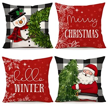 4TH Emotion Buffalo Check Christmas Pillow Covers 18x18 Set of 4 Farmhouse Xmas Decorations Snowman Wreath Santa Claus Tree Hello Winter Holiday Decor Throw Cushion Case for Home Couch S22C37