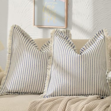 ZWJD Throw Pillow Covers 18x18 Set of 2 Striped Pillow Covers with Fringe Chic Cotton Decorative Pillows Square Cushion Covers for Sofa Couch Bed Living Room Farmhouse Decor Blue