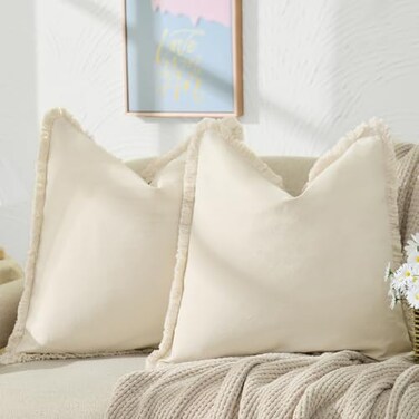 ZWJD Pillow Covers 20x20 Set of 2 Beige Throw Pillow Covers with Fringe Chic Cotton Decorative Pillows Square Cushion Covers for Sofa Couch Bed Living Room Farmhouse Boho Decor