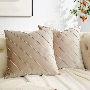 GIGIZAZA Decorative Velvet Pillow Covers 18x18 Set of 2 Champagne Sofa Couch Throw Pillows Covers Cases Living Room Square Cushion Accent Stripe Covers
