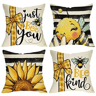 Fjfz Spring Summer Bumble Bee Sunflower Decorative Throw Pillow Covers 18x18 Set of 4 Fall Farmhouse Black White Stripe Home Decor Yellow Buffalo Plaid Check Quote Outdoor Couch Cushion Case
