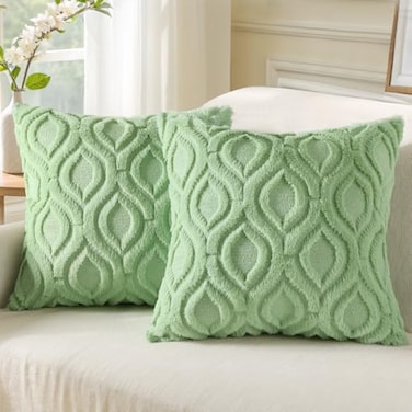 decorUhome Throw Pillow Covers 20x20 Inch Set of 2 Soft Plush Faux Wool Light Sage Green Solid Couch Pillow Covers Accent Farmhouse Neutral Square Pillow Cases for Sofa Bed Living Room