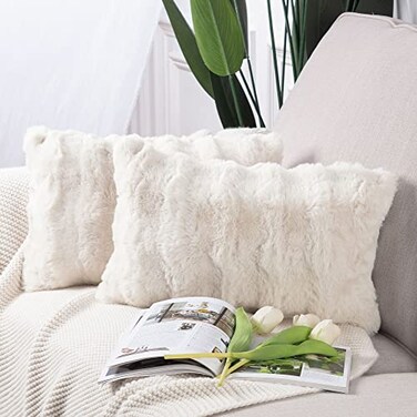 MADIZZ Pack of 2 Thick Plush Faux Wool Throw Pillow Covers Soft Boho Throw Pillows Luxurious Cushion Covers for Couch Sofa Bedroom Living Room Home Decor 12x20 Inch Cream