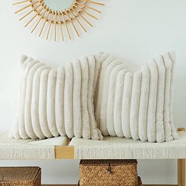 JOJUSIS Pack of 2 Faux Fur Plush Decorative Throw Pillow Covers For Home Couch Cushion Case Soft Solid Pillowcases Beige 20 x 20Inch