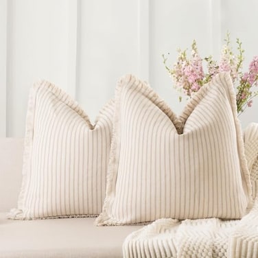 ZWJD Throw Pillow Covers 26x26 Set of 2 Striped Pillow Covers with Fringe Chic Cotton Decorative Pillows Square Cushion Covers for Sofa Couch Bed Living Room Farmhouse Decor Khaki