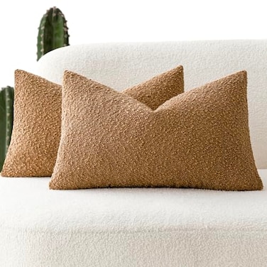 Foindtower Pack of 2 Textured Boucle Throw Pillow Covers Accent Solid Lumbar Pillow Cases Cozy Soft Decorative Couch Cushion Case for Chair Sofa Bedroom Living Room Home Decor 12 x 20 InchTobacco