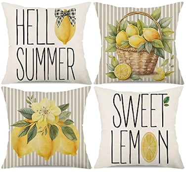 Faromily Spring Summer Pillow Covers 18x18 Set of 4 Grey Stripe Sweet Lemon Hello Summer Pillows Decorative Quote Throw Pillows Pillowcase Decorations Farmhouse Decor for Home Decor