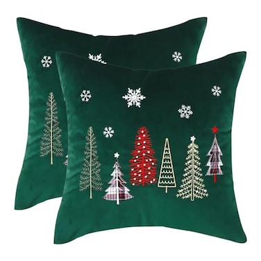 Tosleo Christmas Embroidery Throw Pillow Covers 24 x 24 inch Set of 2 Xmas Dec Velvet Pillowcases Forest Green Christmas Trees Cushion Pillow Cases Soft Square Holiday Pillowcase