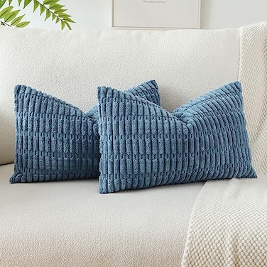 OTOSTAR Pack of 2 Soft Corduroy Decorative Throw Pillow Covers 16 x 24 Inch Boho Striped Pillow Covers Lumbar Cushion Case Couch Pillowcases for Sofa Bed Home Decor Dusty Blue