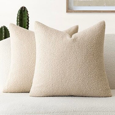 Foindtower Pack of 2 Curly Faux Fur Decorative Throw Pillow Covers Soft Plush Cushion Case with Zipper Cozy Fluffy Boho Pillowcase for Home Living Room Couch Bed Sofa 18 x 18 Inch Light Beige