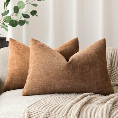Foindtower Pack of 2 Soft Textured Throw Decorative Pillow Covers Lumbar Accent Solid Cushion Cover Cozy Farmhouse Pillow Case with Zippe for Couch Sofa Bed Living Room 12x20 Inch Bronze