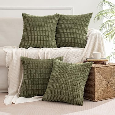 MIULEE Pack of 4 Olive Green Corduroy Decorative Throw Pillow Covers 18x18 Inch Soft Boho Striped Pillow Covers Modern Farmhouse Home Decor for Sofa Living Room Couch Bed