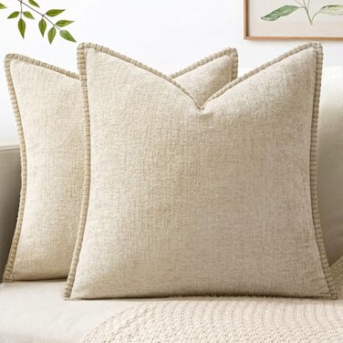 MIULEE Pack of 2 Summer Throw Pillow Covers 18x18 Inch Beige Farmhouse Decorative Pillow Covers with Stitched Edge Soft Chenille Solid Dyed Pillow Covers for Couch Sofa Bed Living Room