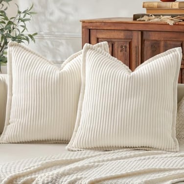 Mecatny Corduroy Summer Throw Pillow Covers 18x18 Set of 2 Neutral Decorative Soft Boho Couch Pillow Covers with Broadside for Sofa Living Room Cream White