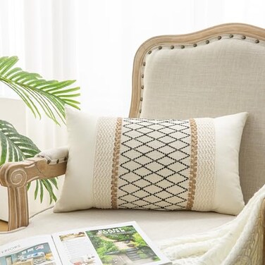 Mayler Yee Lumbar Throw Pillow Covers 12 x 20Inch30x50cm 1PC for Living Room Cotton Linen Boho Sytle Decorative Home Beige Black Grid