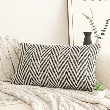 Jonhier Black White Chevron Lumbar Throw Pillow Cover Boho Farmhouse Geometric Pattern Cushion Cover Mid Century Accent Decorative Pillowcase for Sofa Couch Bedroom Living Room 12 x 20 inch