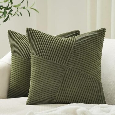 Topfinel Olive Green Decorative Throw Pillow Covers Set of 2 18x18 Inches for Couch Bed Sofa Boho Aesthetic Home Decor Soft Corduroy Striped Patchwork Windmill Textured Cushion Cases 45x45 cm
