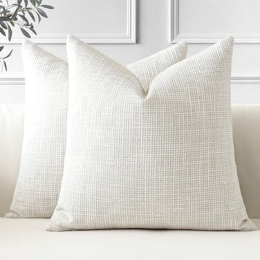 OTOSTAR Pack of 2 Throw Pillow Covers 18x18 Inch Linen Beige Pillowcases Farmhouse Decorative Solid Pillow Covers 45x45 cm Square Cushion Case for Home Decor Sofa Couch Bed Beige