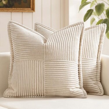 MIULEE Decorative Euro Sham Throw Pillow Covers for Couch Bed Livingroom 26x26 Inch Set of 2 Beige Boho Accent Throw Pllows Broadside Striped Patchwork Soft Corduroy Pillowcases