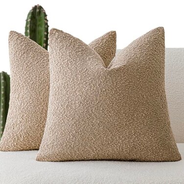 Foindtower Set of 2 Decorative Textured Boucle Throw Pillow Covers Accent Solid Pillow Cases Soft Cozy Couch Cushion Case for Chair Sofa Bedroom Living Room Home Decor 26 x 26 Inch Taupe Khaki Camel