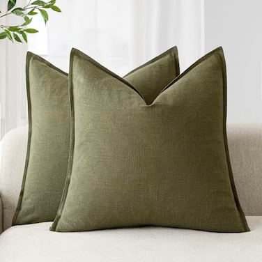 Foindtower Pack of 2 Decorative Linen Solid Throw Pillow Covers Soft Accent Cushion Case Boho Farmhouse Pillowcase for Chair Couch Sofa Bedroom Living Room Home Decor 26 x 26 Inch Olive Green