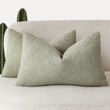 Foindtower Pack of 2 Textured Boucle Throw Pillow Covers Accent Solid Decorative Lumbar Pillow Cases Cozy Couch Cushion Case for Chair Sofa Bedroom Living Room Home Decor 12x20 Inch Dirty Sage Green