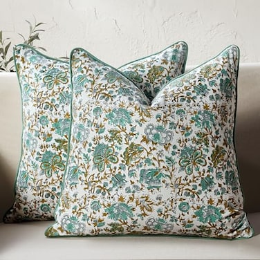 CPC COTTON CPC 100 Cotton Throw Pillow Covers 18x18 Inch Set of 2 Blue Block Print Pattern Couch Pillow Cute Boho Decorative Pillows for Living Room Bedroom with Hidden Zipper Harvest Bloom