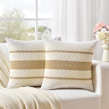 Fancy Homi Set of 2 Tan Neutral Decorative Throw Pillow Cover 18x18 Inch for Couch Bed Sofa Aesthetic Modern Organic Farmhouse Boho Home Decor Soft Cotton Cute Accent Macrame Taupe Cushion Case