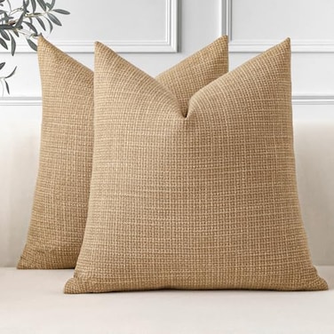 OTOSTAR Pack of 2 Throw Pillow Covers 20x20 Inch Linen Light Brown Pillowcases Farmhouse Decorative Solid Pillow Covers 50x50 cm Square Cushion Case for Home Decor Sofa Couch Bed Light Brown