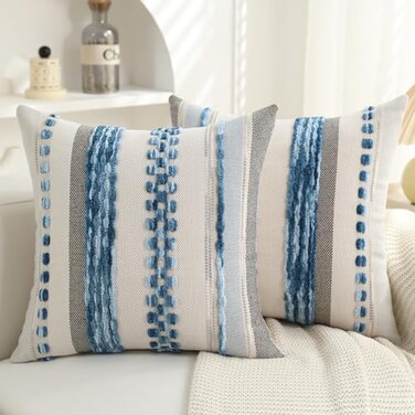 PLEPATE Boho Pillow Covers 18x18 Set of 2 for CouchModern Farmhouse Sofa Decorative Blue Throw Pillow Covers Textured Chenille Cushion Covers Outdoor Netural Bohemian Pillow Cases Square