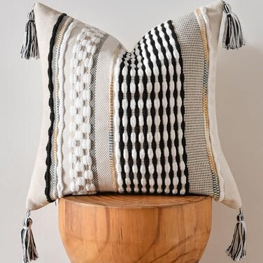 AmHoo Chenille Striped Textured Boho Throw Pillow Covers Aesthetic with Tassels Woven Decorative Pillow Case for Couch Bed Sofa Bedroom Modern Funky 18 x 18Inch Black