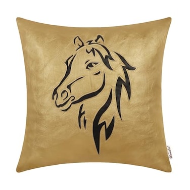 BRAWARM Leather Throw Pillow Cover 20 X 20 Inches Gold Faux Leather Pillow Cover Case Luxury Horse Embroidery Throw Pillow for Couch Sofa Bed Home Decorative