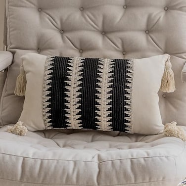 vctops Boho Cotton Linen Decorative Throw Pillow Covers with Tassels 16x24 Inch Soft Farmhouse Neutral Stripe Pillow Covers Accent Macrame Woven Black Cushion Case for Couch Sofa Car Tree A16x24