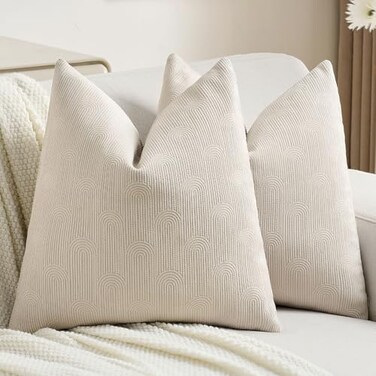 FUTEI Pack of 2 Chenille Decorative Throw Pillow Covers 18x18 InchSoft Cozy Striped Geometric Patterns Cushion CaseModern Home Decor for Couch Bed Living RoomBeige