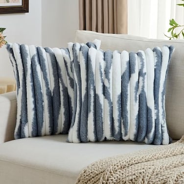 FUTEI Pack of 2 Faux Fur Plush Throw Pillow Covers 18x18 Inch Soft Tie Dye Striped Textured Farmhouse Decorative Cushion Covers Modern Home Decor for Couch Bed Living Room Blue White