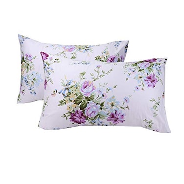 WBYCOTBED 2 Piece 400 Thread Count 100 Cotton Pillow Cases Purple Floral White Standard Size Pillow Shams Soft Silky Pillow Cover