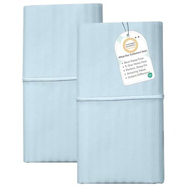 FEATHER & Feather Stitch 100 Cotton Standard Pillow Covers Set of 2 500TC Envelope Closure Pillowcases Soft Luxury Damask Stripe Sateen Weave Pillow Case for Sleeping 20x30 Inches Aqua Stripe