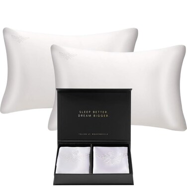 QUEEN BEE SILK 2 Pack Silk Pillowcase for Hair and Skin 22 Momme Mulberry Silk Charmeuse Weave Envelope Closure Queen Size White