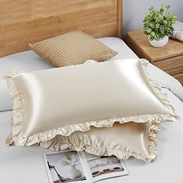 SiinvdaBZX Ruffled Queen Satin Pillowcase Set of 2 Beige Silky Satin Pillow Cases for Women Ruffle Pillow Shams Covers Princess Room Decoration with Envelope Closure